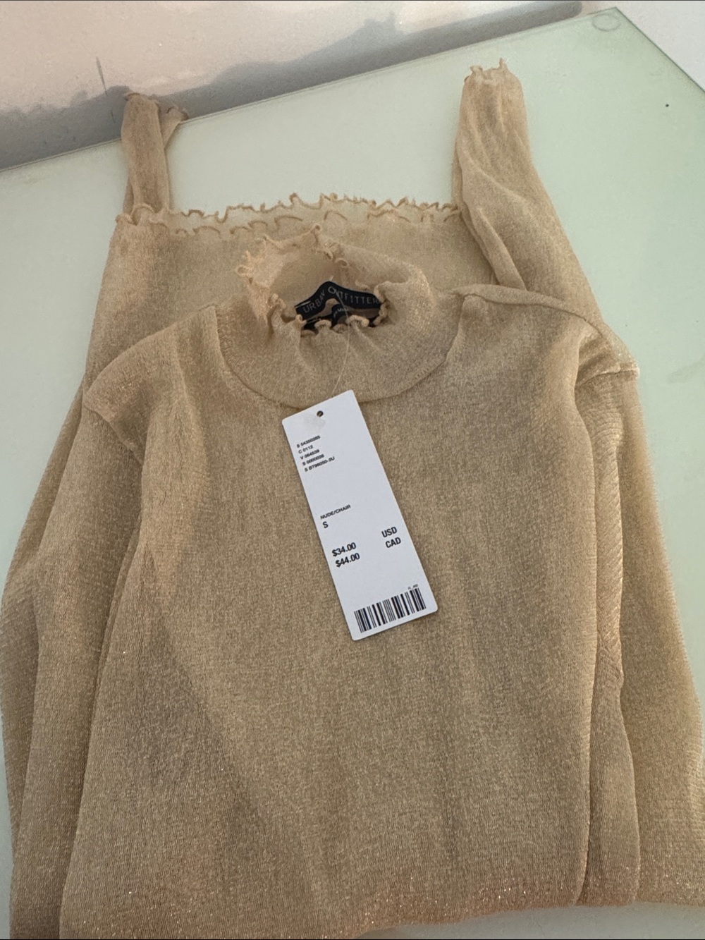 Urban Outfitters Shimmering Tan Crewneck Sweater with Ruffle Trim